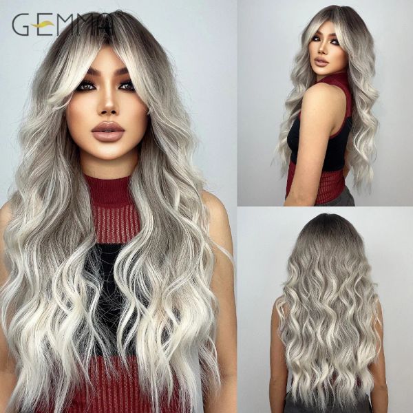 Perücken, synthetische braune, graue, blonde Ombre-Perücke, lange gewellte Perücke mit Pony, lockiges Cosplay-Naturhaar, Perücke für schwarze Frauen, hitzebeständige Faser