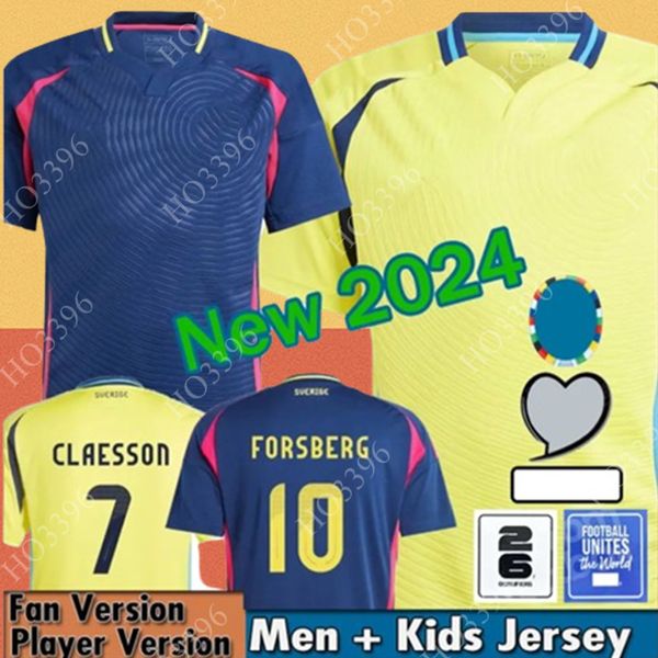 Suécia 2024 Euro Cup Soccer Jersey IBRAHIMOVIC 2025 Seleção Sueca 24 25 Camisa de Futebol Kit Infantil Conjunto Casa Amarelo Fora Azul Marinho Uniforme Masculino LARSSON