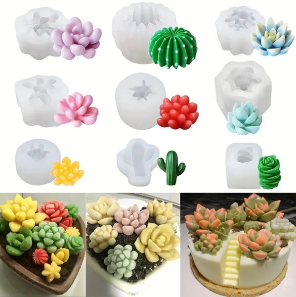 Moldes de silicone de cacto suculento - Moldes de cozimento em formato de planta 3D para doces, fondant e sabonetes, ecológicos, antiaderentes - conjunto de 9