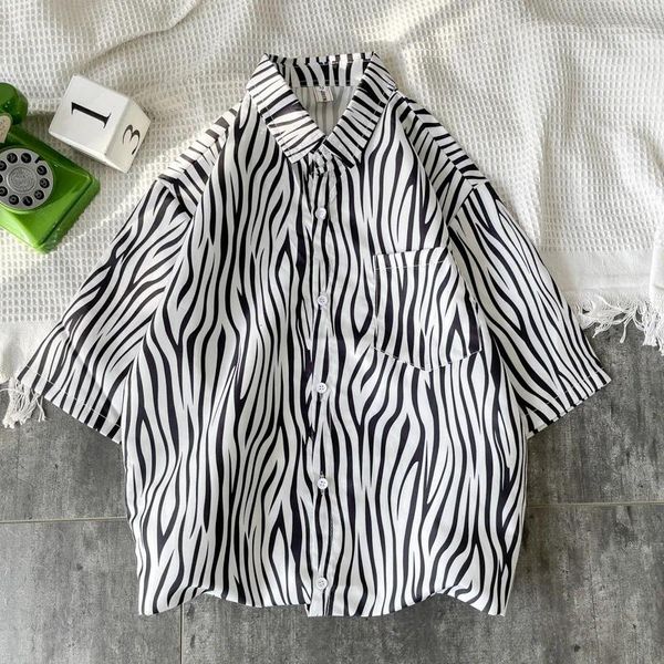 Camicie casual da uomo Camicia a righe colorate in cotone impiombato da uomo Manica corta Hip Hop Capispalla allentato Nero Bianco Abbigliamento maschile B07