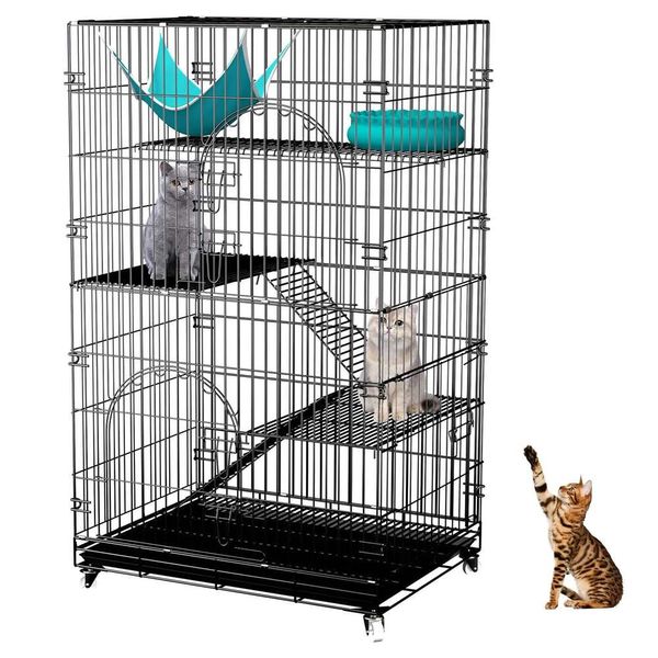 Gaiolas para gatos internas, gaiola de furão para gatinhos de metal dobrável de 4 camadas e 53 polegadas, rodízios giratórios de 360°, cercadinho para animais de estimação com escadas de rampa, rede e cama preta