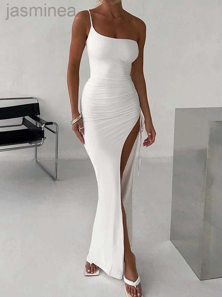 Grundlegende Freizeitkleider Mozision One-Shoulder-Riemen-Oberschenkel-hohes, geteiltes Maxikleid für Frauen, Robe, ärmellos, rückenfrei, figurbetont, sexy Club-Party, langes Kleid 24319