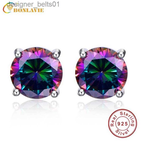 Stud 6.4Ct Doğal Mistik Ateş Gökkuşağı Topaz Yuvarlak Küpeler Gümüş 925 Kadınlar için Saplama Kulak Sterlini Gümüş Küpe Women24319