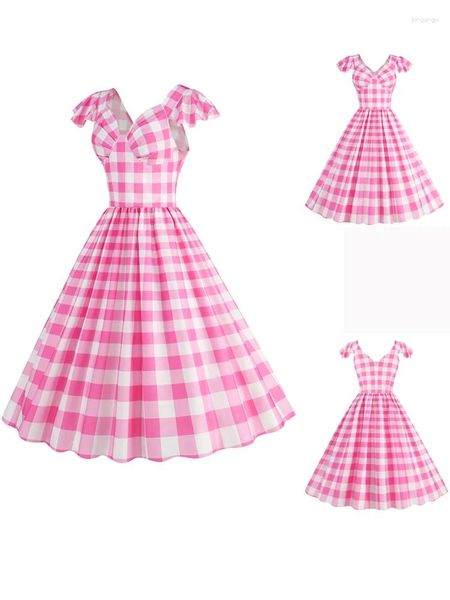 Casual Kleider Rosa Plaid Dot Elegante Sommer Kleid Frauen 2024 Robe Pinup Vintage Fliegende Hülse V-ausschnitt Rockabilly Süße Dame Party büro