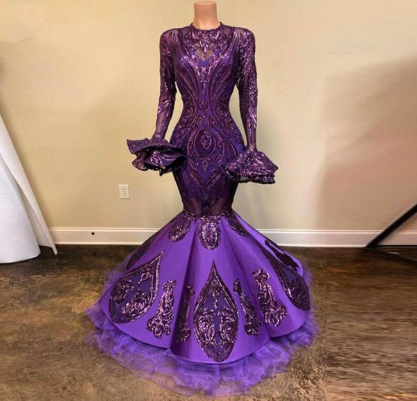 Africano roxo lantejoulas rendas sereia vestidos de baile com alargamento mangas completas imagem real longos vestidos de noite vai vestidos formais1376913