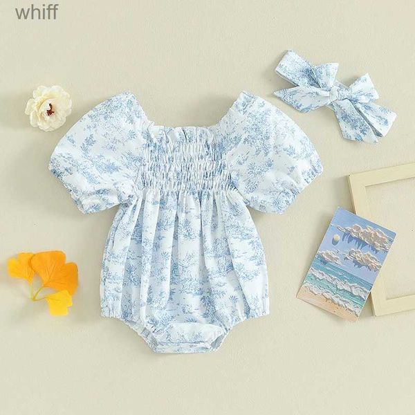 Strampler Sommer Neugeborenes Baby Mädchen Strampler Stirnband Outfits Blumendruck Puff Kurzarm Quadratischer Kragen Overalls Playsuits ClothesC24319