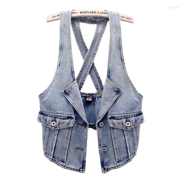 Coletes femininas primavera verão fino sling denim colete mulheres magro curto estudante cowboy colete vintage azul sem mangas jeans jaqueta casaco feminino