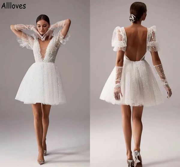 Scollo a V mini abiti da sposa linea A Tulle perle in rilievo Boho Beach abiti da sposa con maniche corte gonfie sexy aperto sul retro abito da ricevimento bianco per la sposa YD