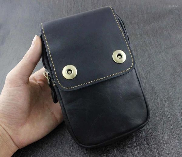 Bolsa masculina vintage couro genuíno pequeno cinto pacote fanny bolsa preta