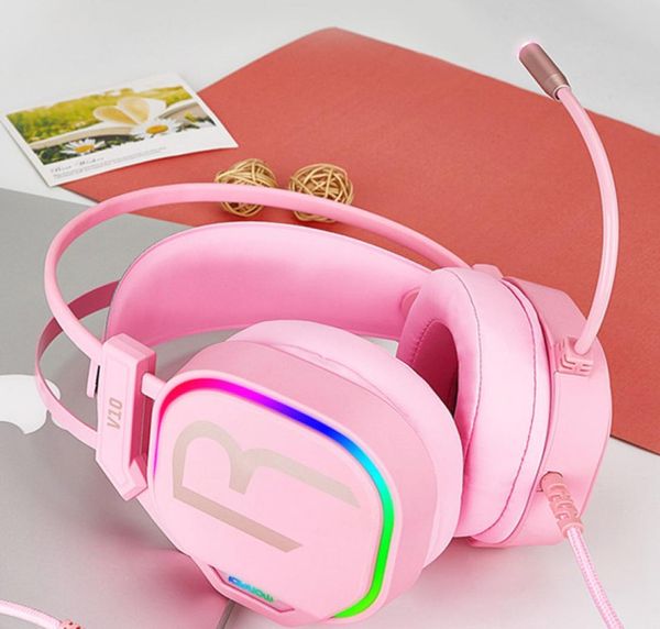 V10 Pink Girl Gaming-Kopfhörer USB 71 Stereo-PC-Spiel-Headsets Noise-Cancelling-Kopfhörer mit Mikrofon für Telefon Computer1109681
