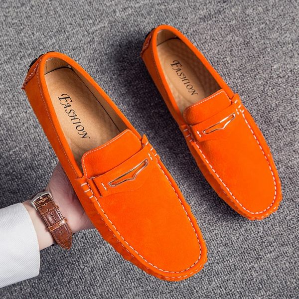 Sapatos mocassins masculinos de camurça de couro mocassins planos sapatos de alta qualidade confortável deslizamento respirável nos sapatos laranja azul marrom
