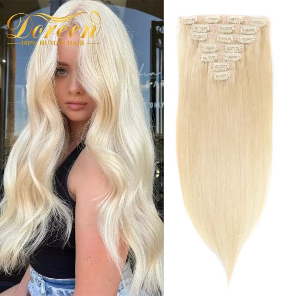 Extensões de cabelo Doreen Cabeça Cheia Brasileira Platinum Blonde 60 Clip em Extensões de Cabelo Humano 100% Real Remy Grampos de cabelo em 120G 14 a 22 7pcs