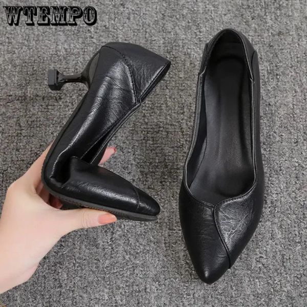 Насосы черная мягкая кожаная кожаная насоса 3 см женщины на высоких каблуках рабочую обувь Slipon Corean Fashion Simple Casual Basic Wholesale