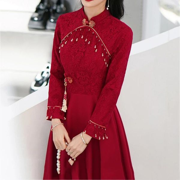 Roupas étnicas Elegante Senhora Chinesa Qipao Cheongsam Borgonha Lace Noiva Vestido de Noiva Brinde Sexy Clássico A-Linha Banquete Vestidos