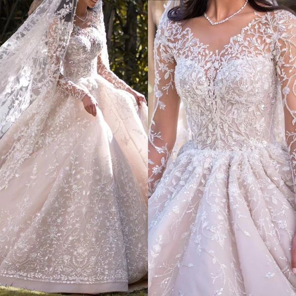 Abito da sposa elegante da donna Gioiello Collo Maniche lunghe Abiti da sposa Applicazioni in pizzo Abito da strascico Abiti da sposa su misura