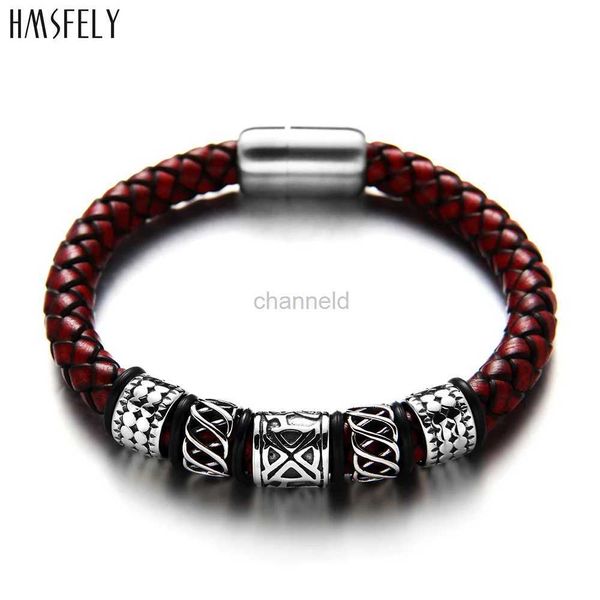 Bangle HMSFELY Homens moda pulseira de couro de aço inoxidável Viking pingente com contas pulseiras pulseiras de jóias para homens fecho pulseira magnética 240319