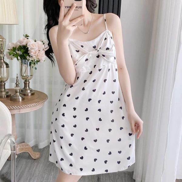 Kadınların Sweetwear Sexy Women Chemise Bow Aplike Nightgown Highlender Nighdress Yaz Baskılı Saten Sleindress Lounge Wear