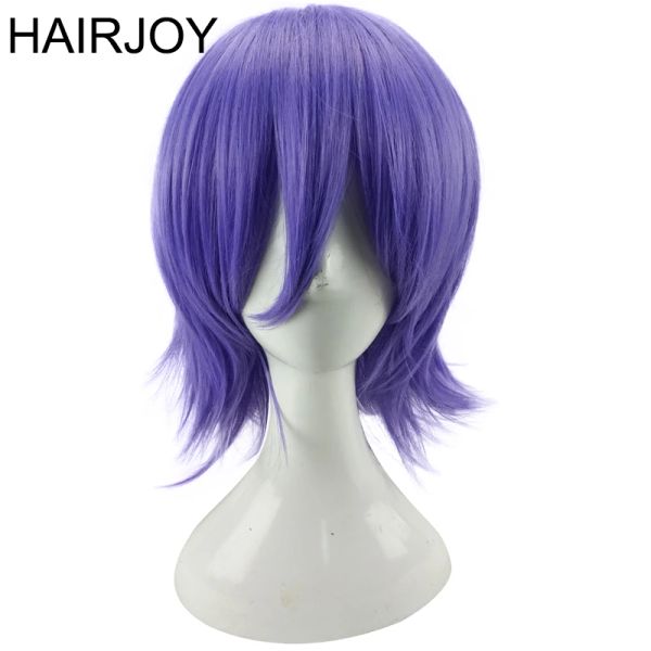 Perucas HAIRJOY Homem Mulheres Roxo Peruca Cosplay Curto Encaracolado Em Camadas Perucas de Festa de Cabelo Sintético com Franja 7 Cores Disponíveis Frete Grátis