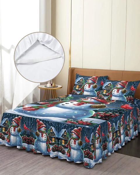 Saia de cama natal boneco de neve casa pássaro elástico colcha com fronhas capa colchão conjunto cama folha