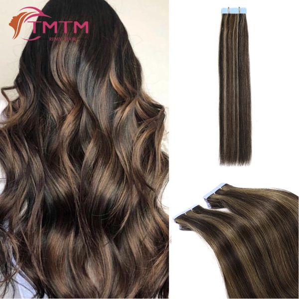 Extensões de fita em extensões de cabelo cabelo humano balayage marrom escuro a castanho 2.0 g/pc real natural cabelo virgem trama de pele reta