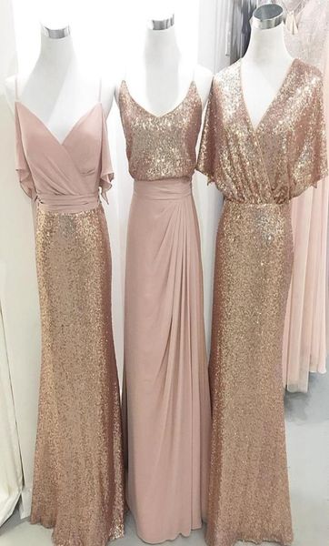 Empoeirado rosa lantejoulas vestidos de dama de honra com decote em v chiffon alças longas plissado aberto volta baile de formatura vestido de festa de casamento vestidos de noite plus7483323