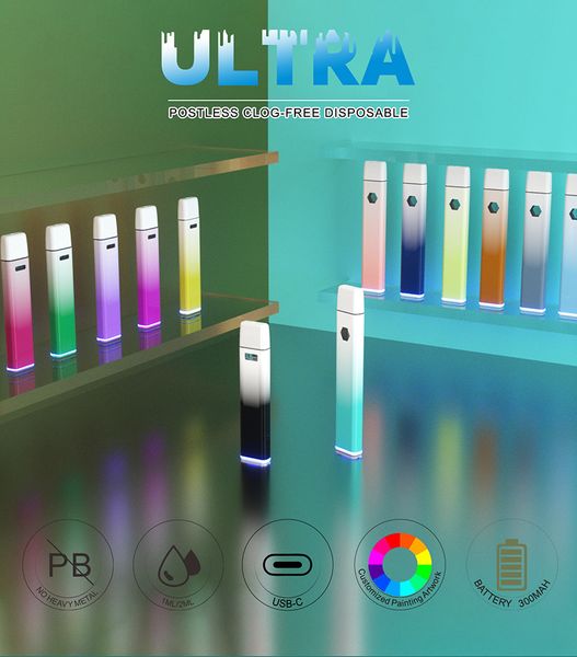 Penna Vape usa e getta ultra ricaricabile da 1 ml 2 ml 300 mAh Dispositivo di svapo vuoto Nucleo in ceramica Blocco bambini Colori sfumati Penna sottile senza intasamenti senza postazione