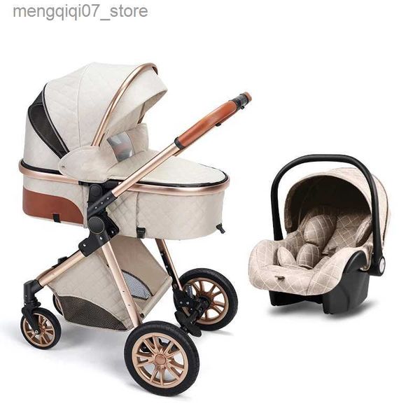 Passeggini # Passeggino multifunzionale di lusso 3 in 1 Carrozzina per bambini ad alto paesaggio Culla regolabile per neonati Seggiolino per auto Spedizione gratuita L240319