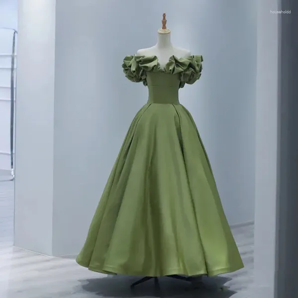 Ethnische Kleidung Elegantes Satin-Abend-Partykleid weiblich Maxi Sexy schulterfrei grünes Bankett Französischer Stil A-Linie Robe de Soiree