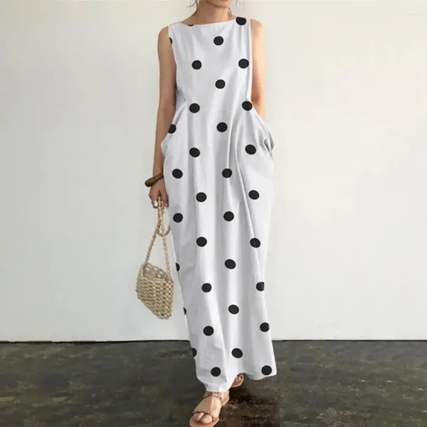 Lässige Kleider Dot Print Langes Kleid Frauen Strand Party Sommer Maxi mit O-Ausschnitt Große Taschen für Plus Size Soft Ankle
