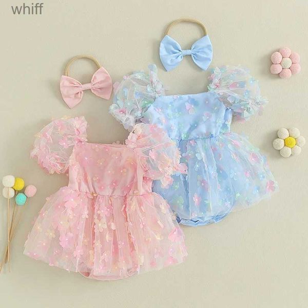 Pagliaccetti Principessa Neonate Pagliaccetti Vestito Carino Bambino Bambini Maglia 3D Fiore Manica corta Tute Tulle Fascia Abiti da spiaggiaC24319