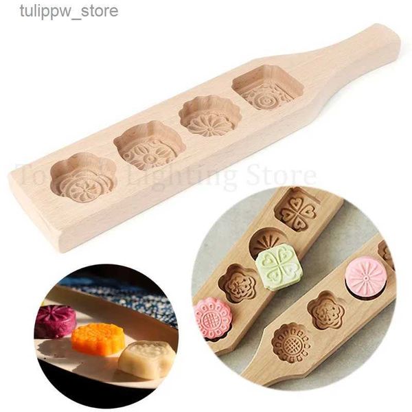 Формы для выпечки деревянные 4 цветочных кексов Mooncake форма для мыла ручной работы форма для печенья и шоколада DIY случайный узор L240319