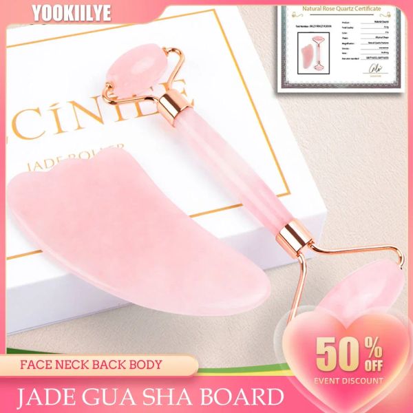 Rolo de quartzo rosa natural jade rolo gua sha raspador conjunto rolo massageador facial para rosto corpo pescoço levantamento apertar emagrecimento cuidados com a pele