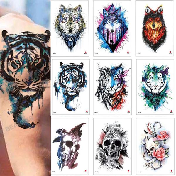 100 Pcs Flor À Prova D 'Água Animal Tatuagem Temporária Adesivo Atacado Rosa Flash Lobo Tigre Arte Corporal Braço Sexy Homens Mulheres Manga 240311