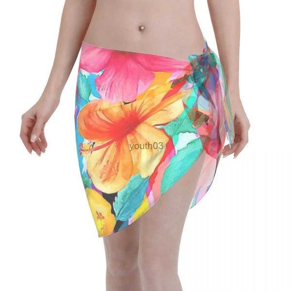 Gonne Gonna corta OTT Maximalist Haiian Hibiscus Strisce floreali Gonna corta a portafoglio Foglie tropicali Spiaggia Corta Parei Costume da bagno Ragazza Bikini avvolgente 240319