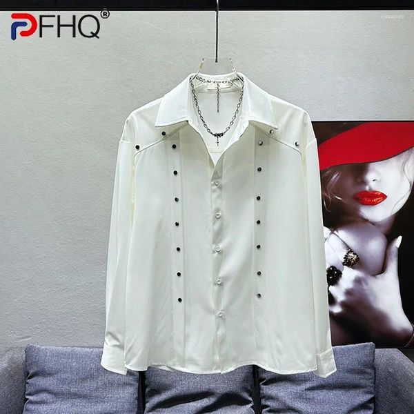 Camisas casuais masculinas PFHQ avançado manga comprida rebite de verão personalizado silhueta solta bonito cor sólida tops 21z4155