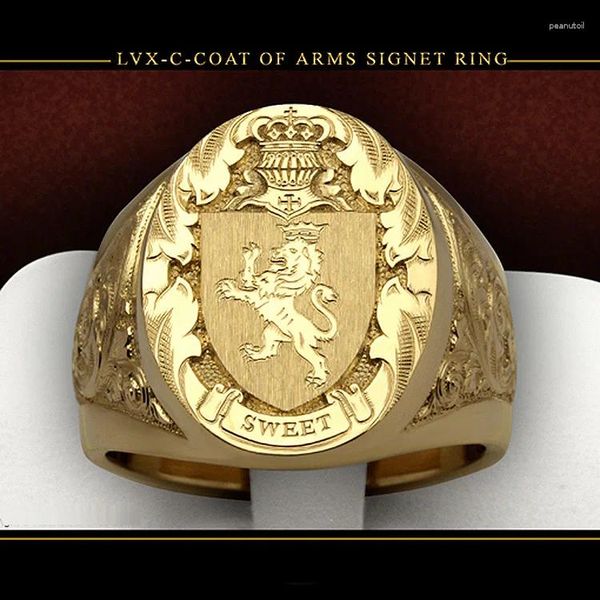 Anéis de cluster Anel Homens Tendências 2024 Coroa Leão Escudo Emblema 18k Amarelo Ouro Cor Royal Men's para Festa Presente Menino