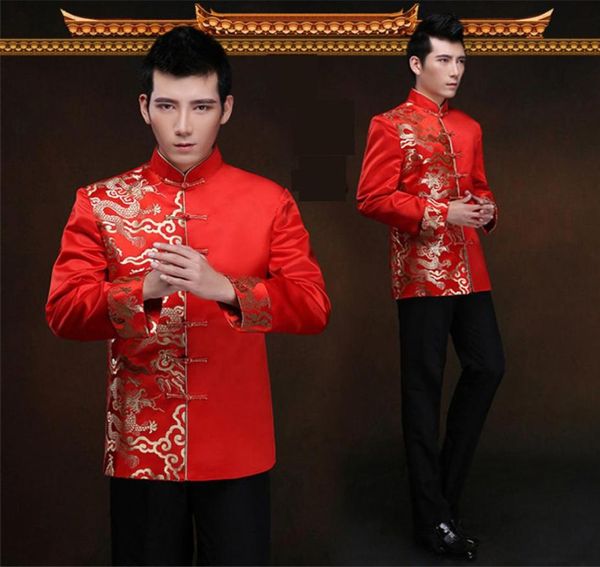 Drago rosso Abito cinese Manica lunga Sposo Matrimonio Abito tradizionale Uomo Raso Cheongsam Top Costume Tang Suit Toast Clothing4242735