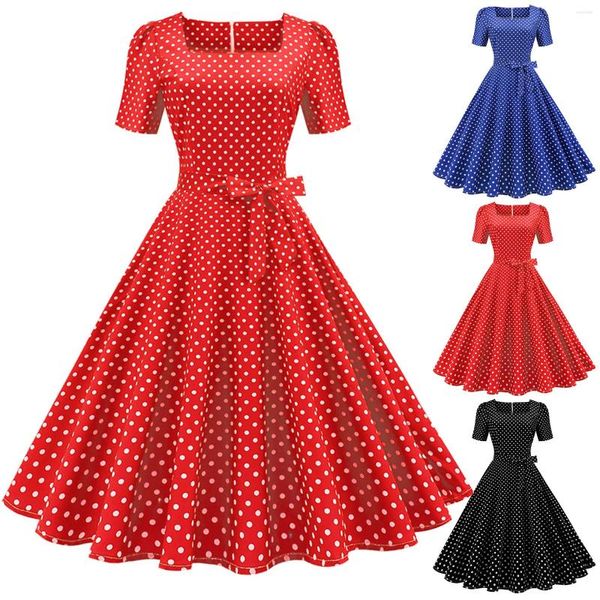 Sıradan Elbiseler Polka Dot Vintage Elbise Kadınlar Yaz Zarif Kısa Kollu Kare A-Line MIDI PARTİ SUNDRESS 50S 60S Vestidos Plus Boyut