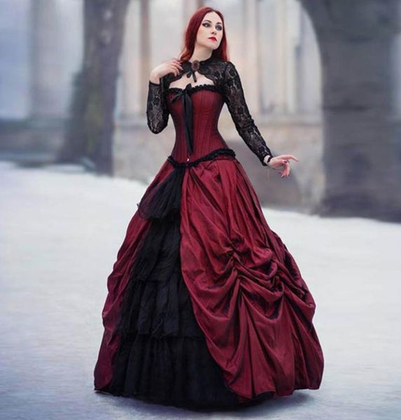 Incredibile abito da ballo gotico rosso e nero Abiti da sposa Abito da sposa vampiro medievale Abiti da sposa con lacci robe de mariee1092963