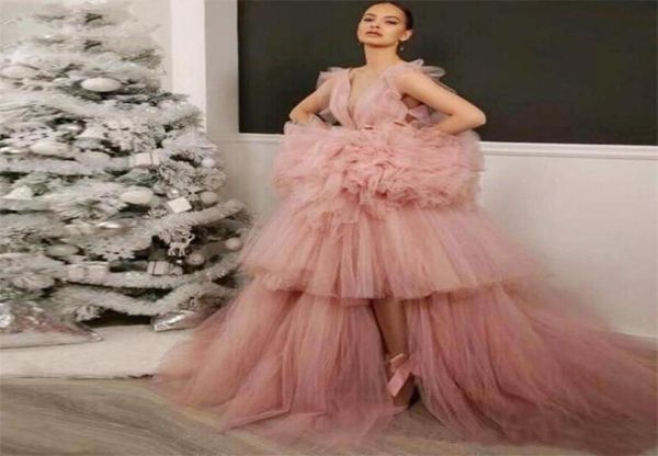 Puffy Tutu Tül Balo Elbiseleri Derin V Boyun Katmanlı Bacak Slits Girls Pageant Elbise Seksi Geri Afrika Gece Elbise Dusty Pink6397886