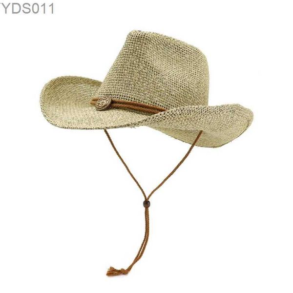 Ampla borda chapéus balde str mulheres homens verão panamá ocidental cowboy cinto banda jazz bonés praia à prova de vento corda sombreros de mujer 240319