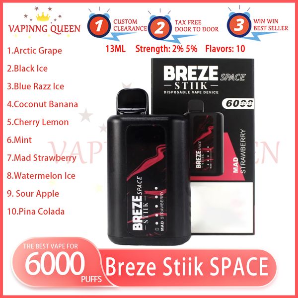 Breze Stiik SPACE 6000 Puff Einweg-E-Zigarette mit E-Liquid-Batterieleistungsanzeige 1500 mAh 13 ml Prefill Puffs Vape Kit