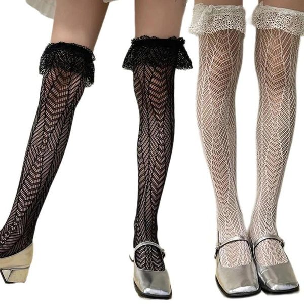 Meias femininas geométricas arrastão coxa alta meias para babado renda superior sobre o joelho meia