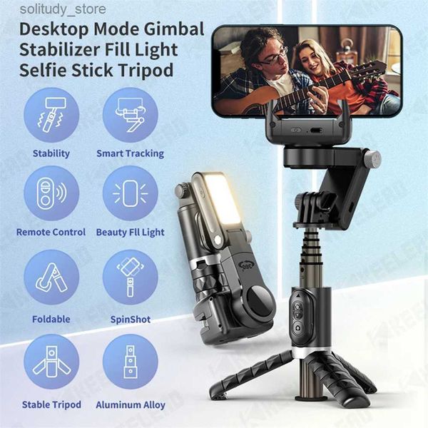 Estabilizadores Smartphone Acompanhamento estabilizador de junta universal selfie stick tripé com luz de preenchimento controle remoto sem fio adequado para iPhone 14 13 12 Q240319