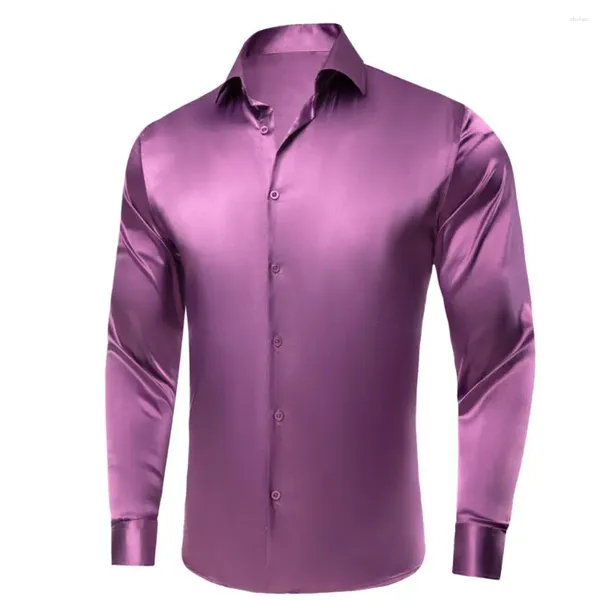 Camisas casuais masculinas Hi-Tie Roxo Sólido Seda Mens Lapela Manga Longa Vestido Camisa Blusa Macia para Masculino Formal Casamento Negócio Oversized