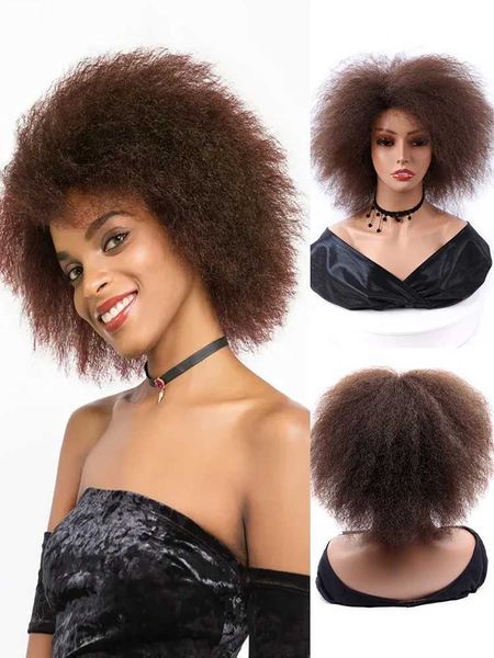 Perucas sintéticas afro kinky encaracolado perucas sintéticas curtas yaki fofo peruca de cabelo reto para mulheres peruca de franja livre marrom preto natural olhando 240328 240327