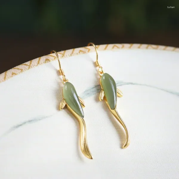 Baumelnde Ohrringe Mode einfache Fischform grüne Jade für Frauen Hochzeit Urlaub Geschenk Vintage Gold Farbe Ohrhaken Schmuck Zubehör