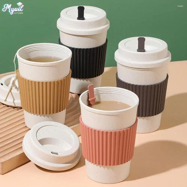 Tazze usa e getta Cannucce 450ML Caffè con coperchio Paglia di grano Riutilizzabile Tazza portatile Lavabile in lavastoviglie Tazza da tè Viaggio