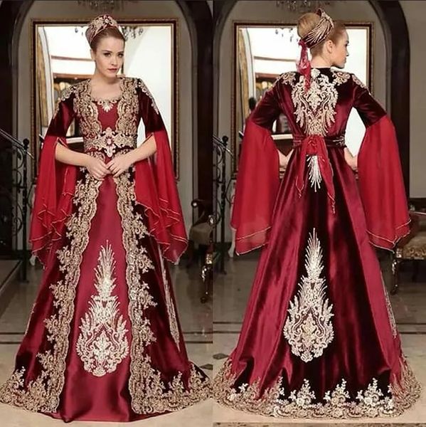 Kaftan árabe marroquino vestidos de noite sino mangas compridas padrão ouro rendas apliques enterrar caftan dubai ocn vestido de baile