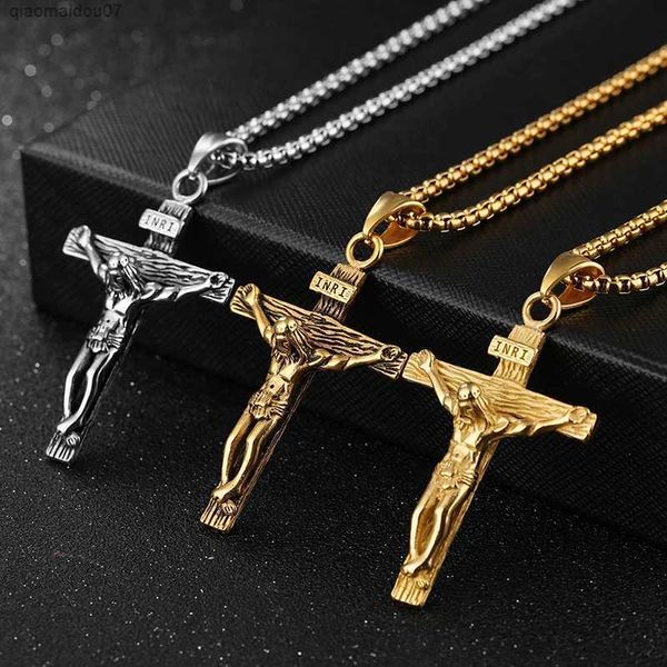 Anhänger Halsketten Mode Kruzifix Jesus Christus Männer Schmuck Gold Braun Silber Farbe Metall Kreuz Anhänger Mit Halskette Halsketten Für Mann frauenL2403L2403